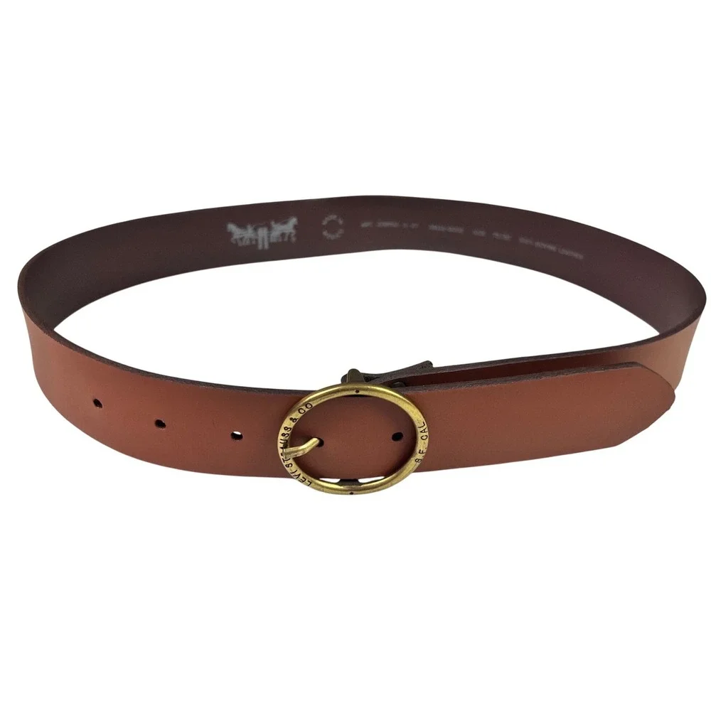 Levis Brown Bovine Leather Belt Round Brass Buckle Size 30 75cm Womens